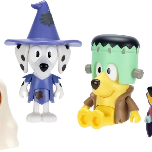 Bluey Figure 4-Packs, Halloween, 2.5" Poseable,Bingo, Chloe & Lucky Dressed in Halloween Costumes, with Accessories, Kids Can Recreate Their Favorite Moments