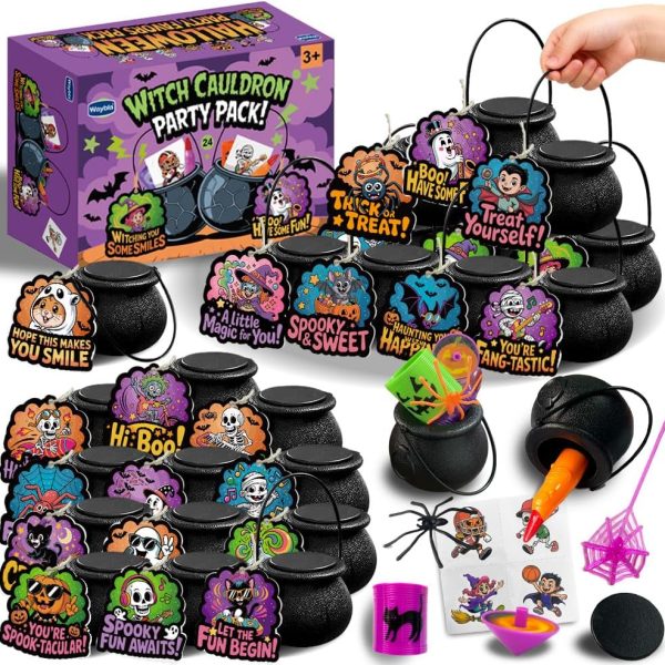Halloween Party Favors for Kids – 24 Pack Prefilled Mini Witch Cauldrons with Lids, Toys & Gift Tags – Trick or Treat Goodie Bag Fillers, Classroom Prizes and Exchange Gifts