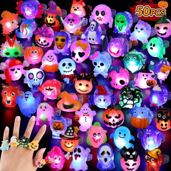 50pcs 3D Halloween Treats Toys Bulk Light Up Rings