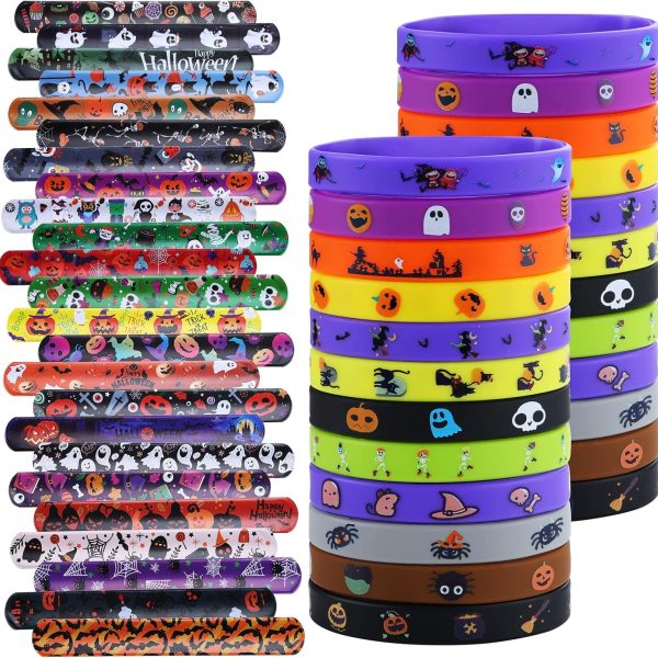 xutengy 48Pcs Halloween Party Favors Decorations Slap Bracelets Rubber Wristbands, Trick or Treat Party Favors, Classroom Prizes, Halloween Party Gift Treat Bag Filler Supply