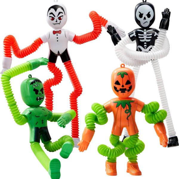 JOYIN 4 PCS Halloween Sensory Stretchy Fidget Toys, Stress Relief Telescopic Pop Tube Toys, Halloween Party Favors Children Gift, Frankenstein, Pumpkin, Skeleton, Vampire, Kids Autisms