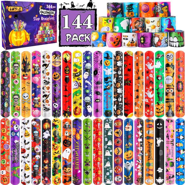 LUYI 144 PCS Halloween Slap Bracelets，Halloween Party Favors Supplies for Kids-108 Different Designs Bracelets Bulk for Halloween Decorations Treat Toys Bag Stuffers Gift for Kids Girls Boys