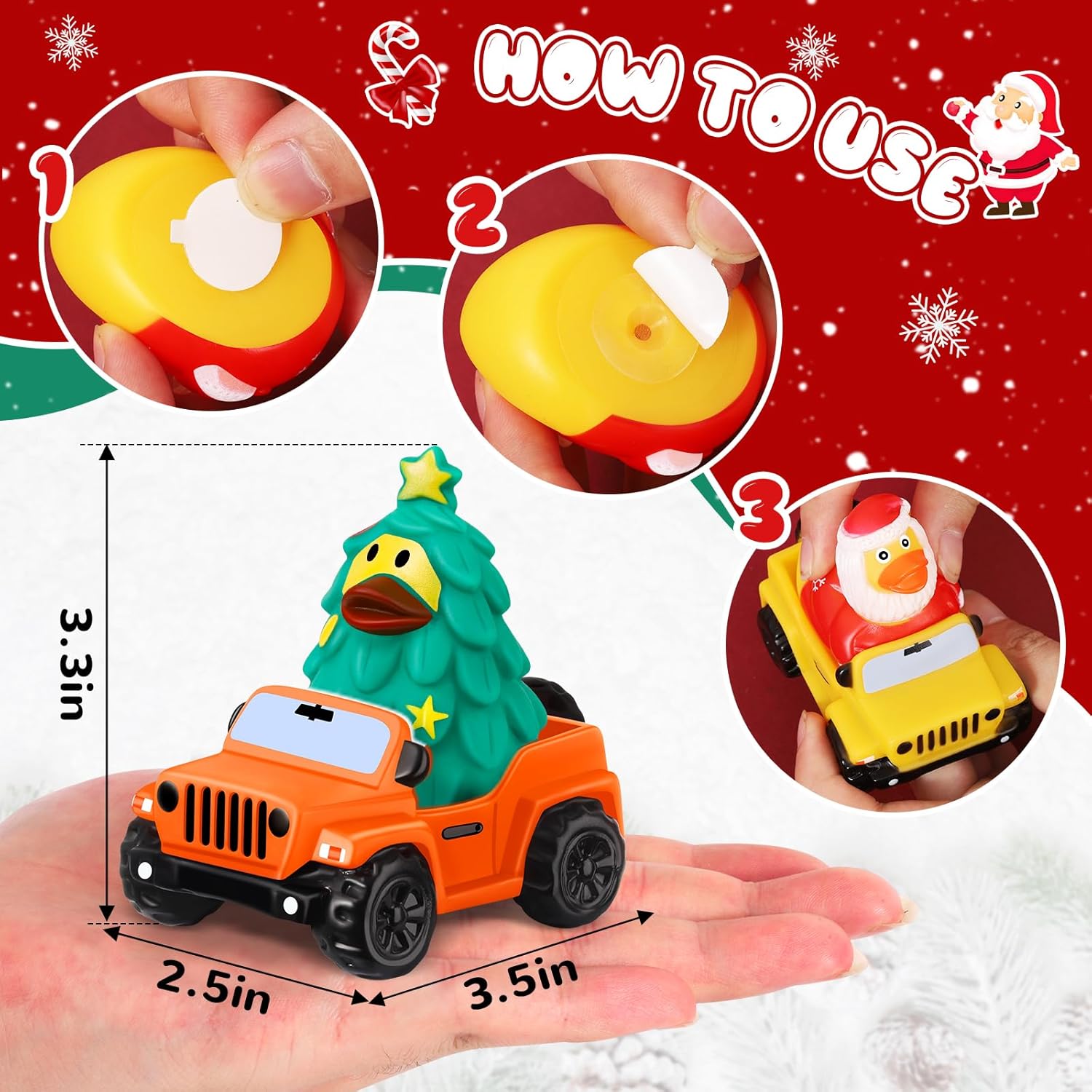 71i9Umq3fZL._AC_SL1500_ 24 Pcs Christmas Rubber Ducks for Jeeps, 3.5 Inch Ducks for Ducking, Off-Road Vehicles Suitable for 2 Inch Ducks, 12 Christmas Rubber Ducks with 12 Cars