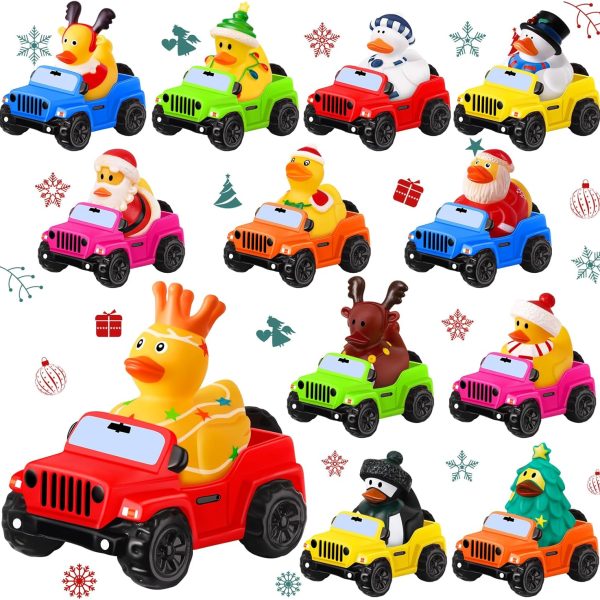 24 Pcs Christmas Rubber Ducks for Jeeps, 3.5 Inch Ducks for Ducking, Off-Road Vehicles Suitable for 2 Inch Ducks, 12 Christmas Rubber Ducks with 12 Cars