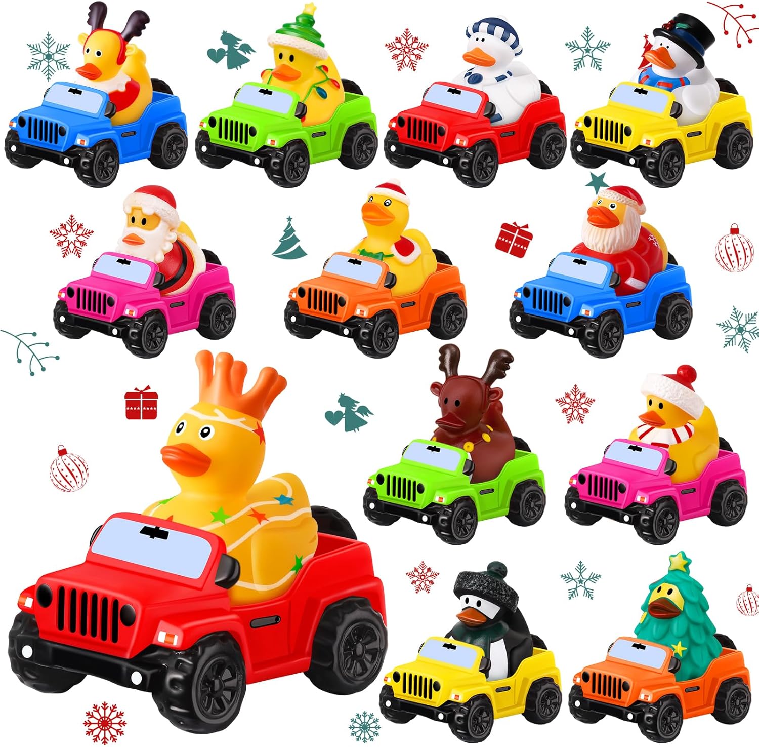 81DMp7upclL._AC_SL1500_ 24 Pcs Christmas Rubber Ducks for Jeeps, 3.5 Inch Ducks for Ducking, Off-Road Vehicles Suitable for 2 Inch Ducks, 12 Christmas Rubber Ducks with 12 Cars