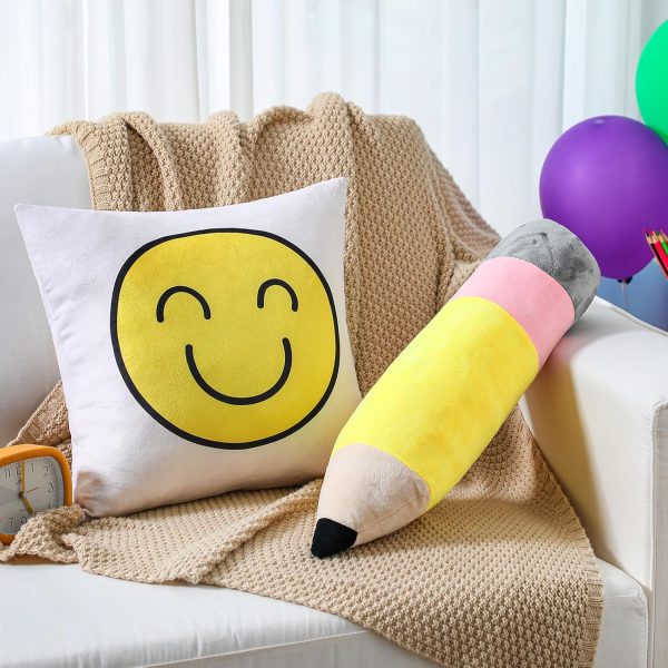 Beeveer 2 Pcs Large Pencil Pillow and Smiling Face Cushion Cute Classroom Pillows Welcome Back School Cushion Cute Pencil Plush Decor for School Classroom Reading Corner Plush Decoration Teacher Gift