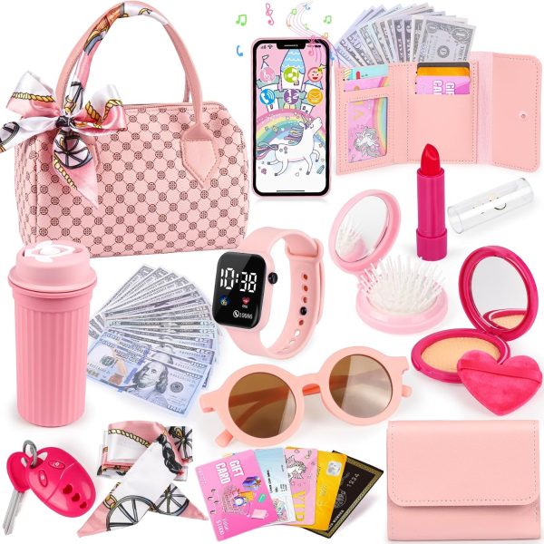 Oisacirg Play Purse 32PCS with Watch Makeup, Princess Toys for Girls 3-12 | Handbag, Phone, Bottle, Scarf Makeup Kit for Princess Role Play, Birthday Party