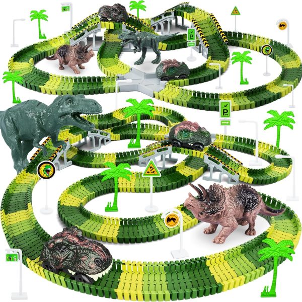 Dinosaur Toys, Create A Dinosaur World Road Race, Dinosaur Track Toys | Flexible Track Playset, 2 pcs Cool Dinosaur Car