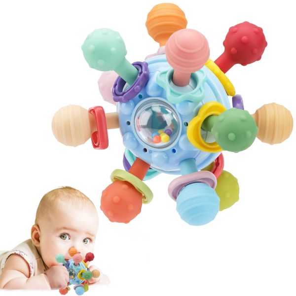 Baby Montessori Sensory Teething Toy 0-6 6-12 Months, Teether Ball & Rattle | 12 Textured Silicone Teething Ball, BPA Free, Easy to Hold