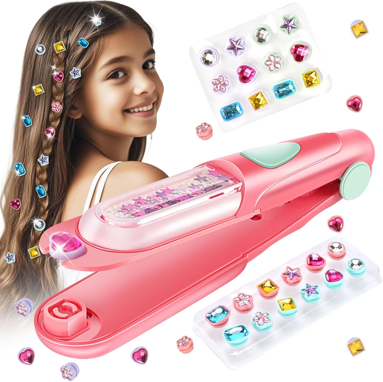 71KJDAFxLeL._AC_SL1500_ Hair Gem Stamper Kit, Birthday Gifts Toys for Girls Ages 3 4 5 6 8-12 | Bling Hair Jewels for Girls Toys, Hair Styling Tool with Reusable Shining Diamonds