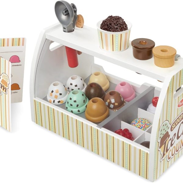 Melissa & Doug Wooden Scoop & Serve Ice Cream Counter, Pretend Play Store, 28 Toy Food & Play Kitchen Accessories, Preschool Toys