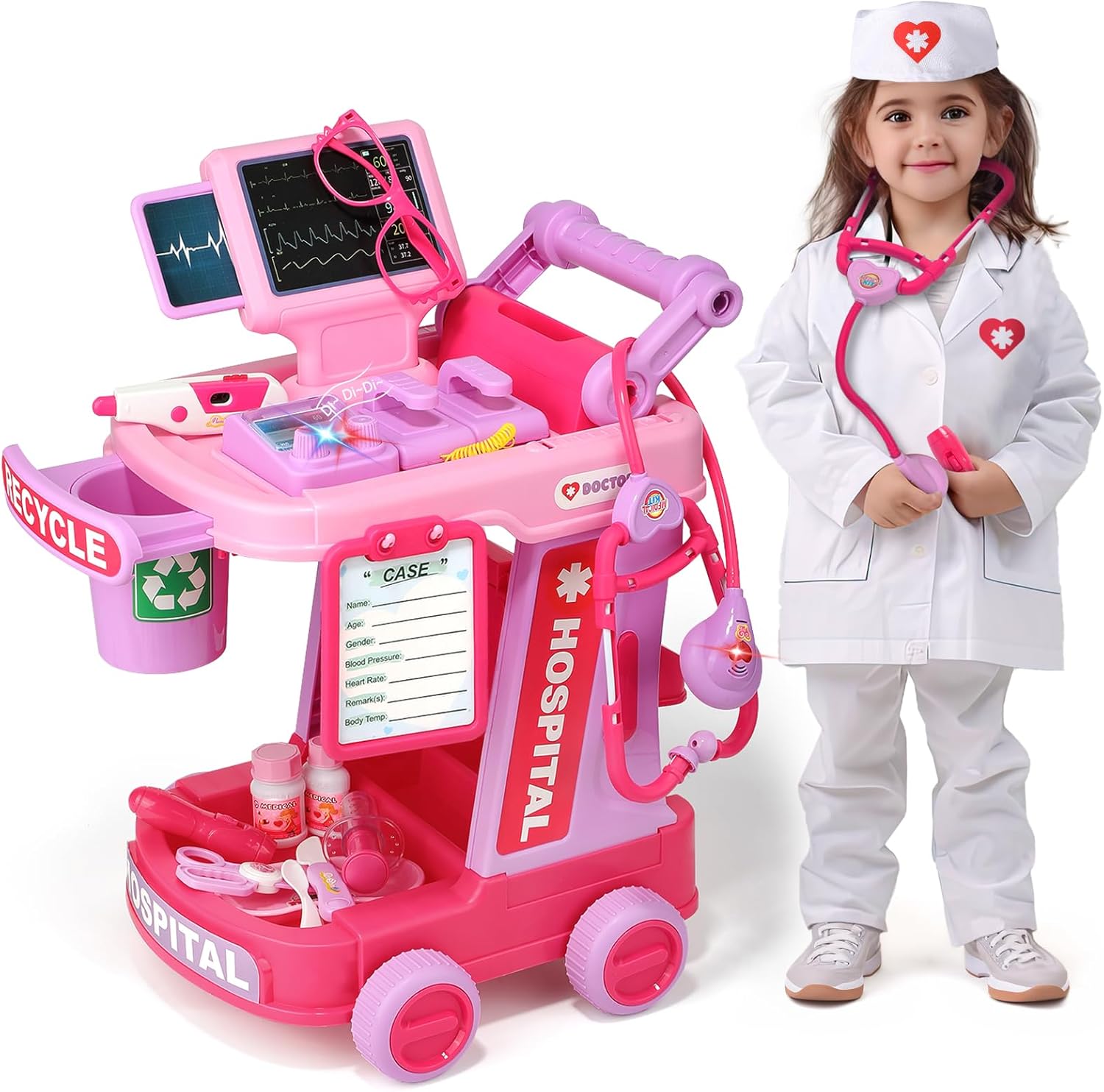 71wRsCArVSL._AC_SL1500_ Liberry Toddlers Doctor Kit Toy for Girls Boys Ages 2 3 4 5, Pink | Kids Doctor Playset with Cart, Costume & Stethoscope, Role Play