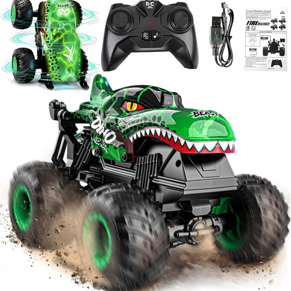 BEZGAR Monster Truck Toys，1:20 Remote Control Car with Light & Music | Green Dinosaur Toys for Kids,RC Truck with 360° Spins and Drifting, Toy Car Gifts