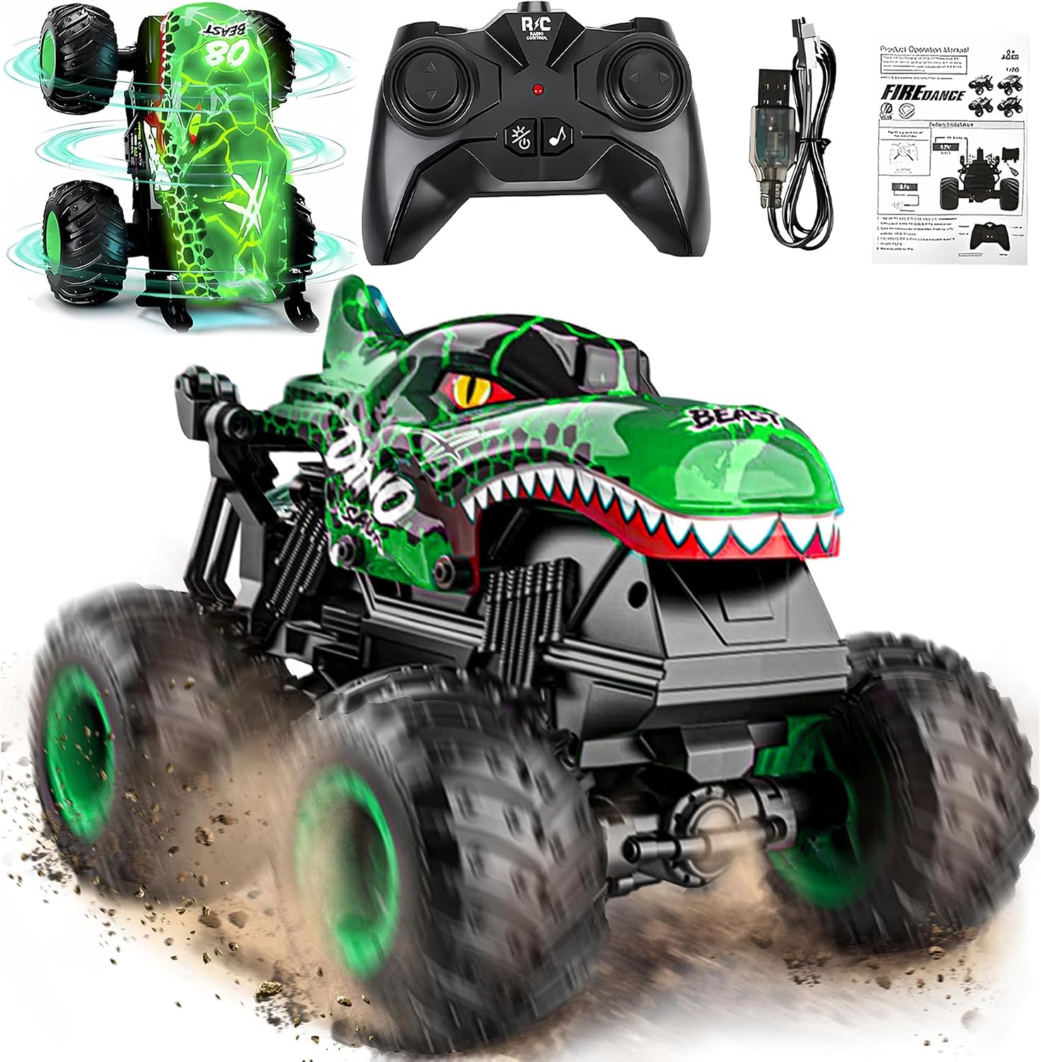 81pAPRJoSTL._AC_SL1500_ BEZGAR Monster Truck Toys,1:20 Remote Control Car with Light & Music | Green Dinosaur Toys for Kids,RC Truck with 360° Spins and Drifting, Toy Car Gifts