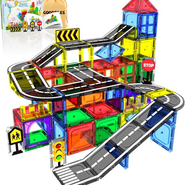 Magnetic Tiles - Road Set, Magnetic Building Blocks, Preschool Montessori Toys Gift for 3+ Year Old Boys and Girls, Sensory Christmas Toys for Kids Aged 3-5